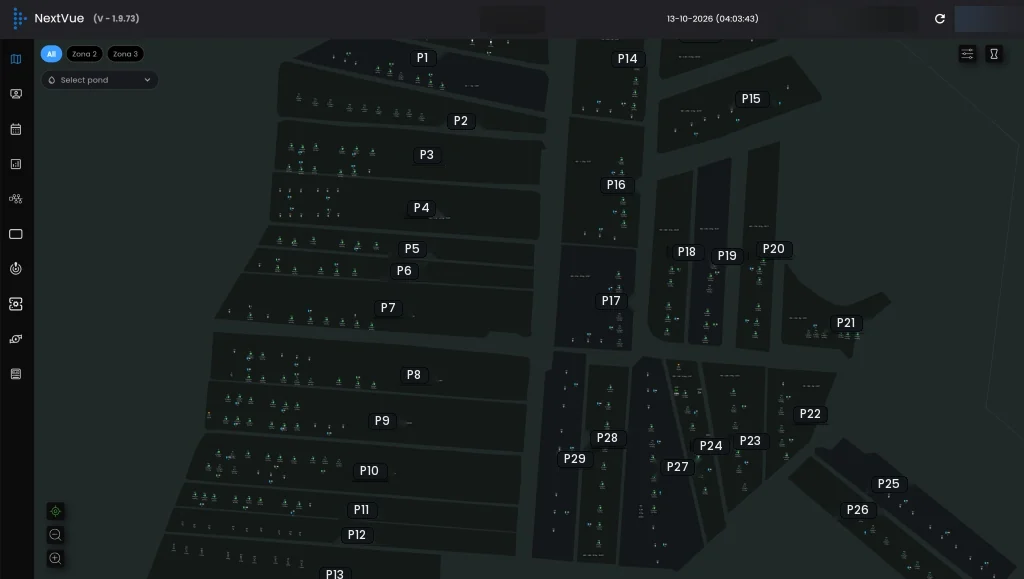 Mapa de la granja en NextVue con los equipos de cada piscina
